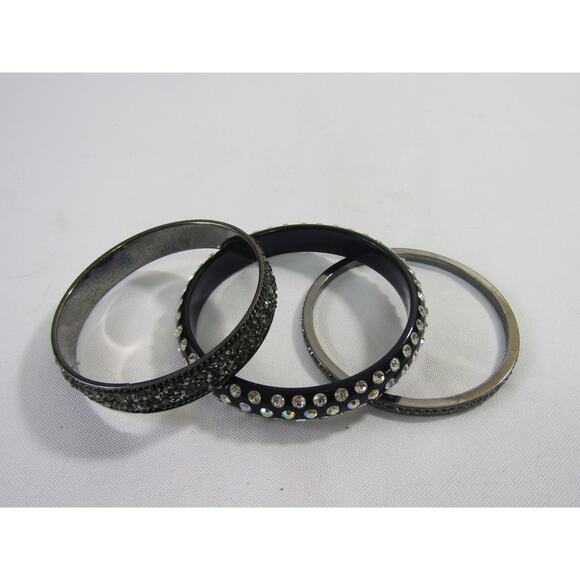 Black Rhinestone Bangle Bracelet Bundle of 3 7 1/4-8" Whimsigoth Steampunk - Picture 1 of 7